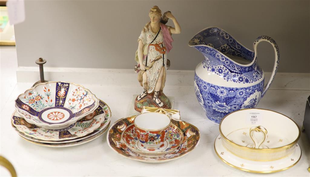 A group of Worcester, Newhall etc Japan pattern dessert wares and tea cup, a pearlware figure of Diana the Huntress and a blue and whit